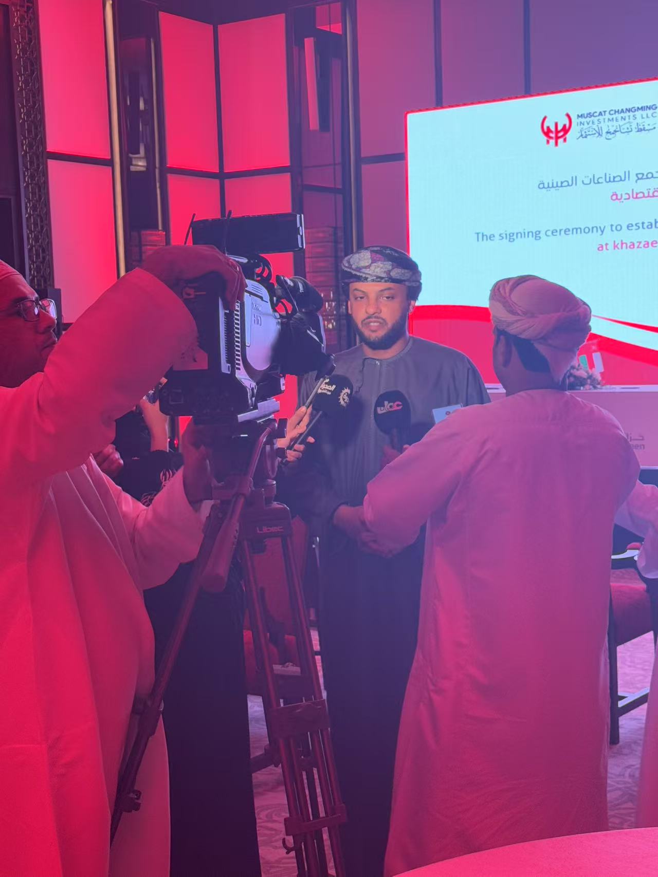 Media interview at a signing ceremony